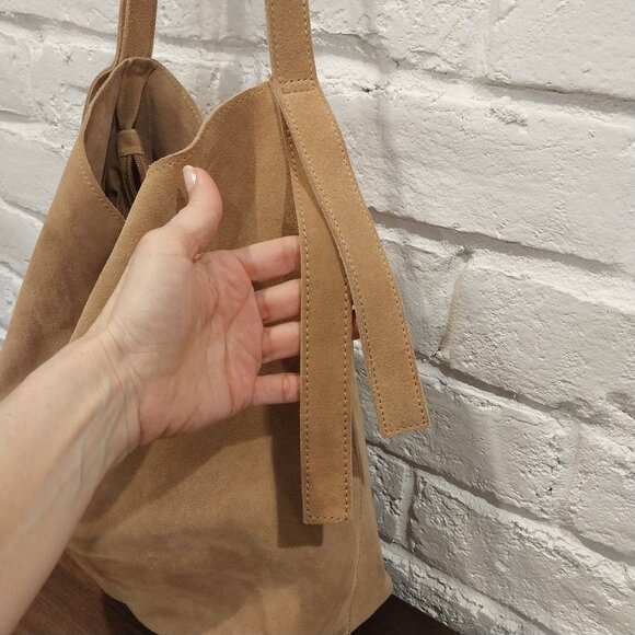 MNG Mango Beige Suede Leather Shoulder Bag Hobo Medium Purse Fringe Zipper - Picture 5 of 12